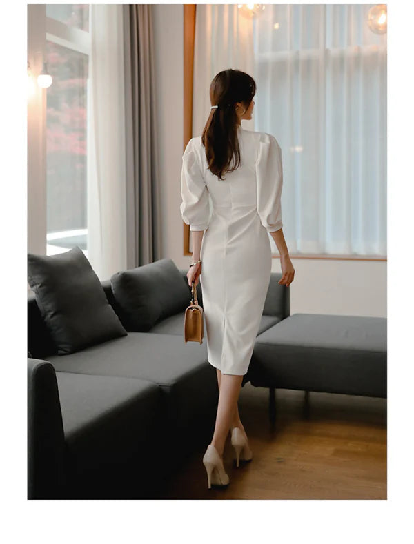 Luolandi Women's Party Dress Work Dress Dress Midi Dress 3/4 Length Sleeve Pure Color Hollow Out Spring Fall High Neck Fashion Office Cocktail Dress
